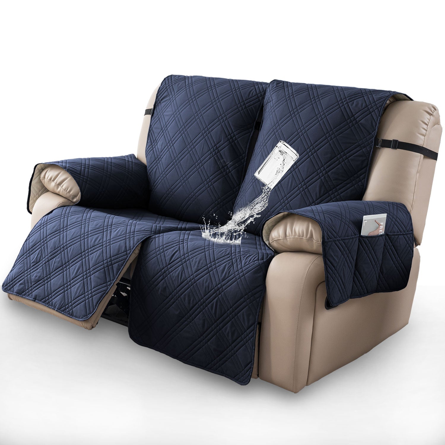 1PC Recliner Loveseat Cover with Pockets & Elastic Straps (2Seat)