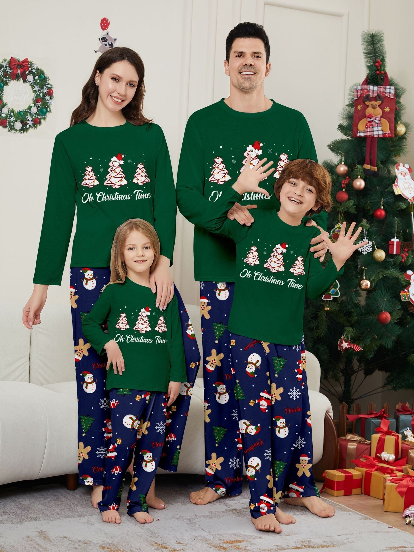 Green Christmas Tree and Snowman Print Family Holiday Pajamas