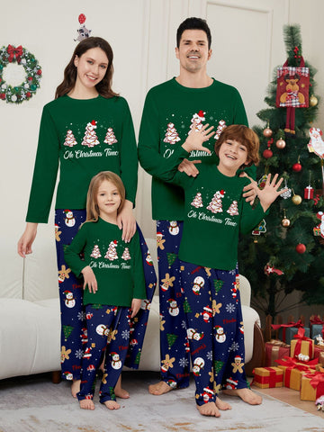 Green Christmas Tree and Snowman Print Family Holiday Pajamas