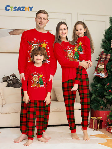 Family Christmas Pajamas Fawn Christmas Tree Red Pajama Set
