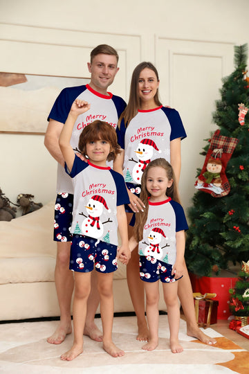 White Snowman Cartoon Print Christmas Pajamas with Short Sleeves and Shorts