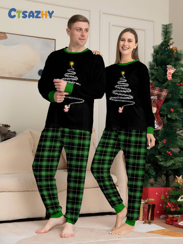 Family Christmas Pajamas Firework Green Plaid Black Loungewear