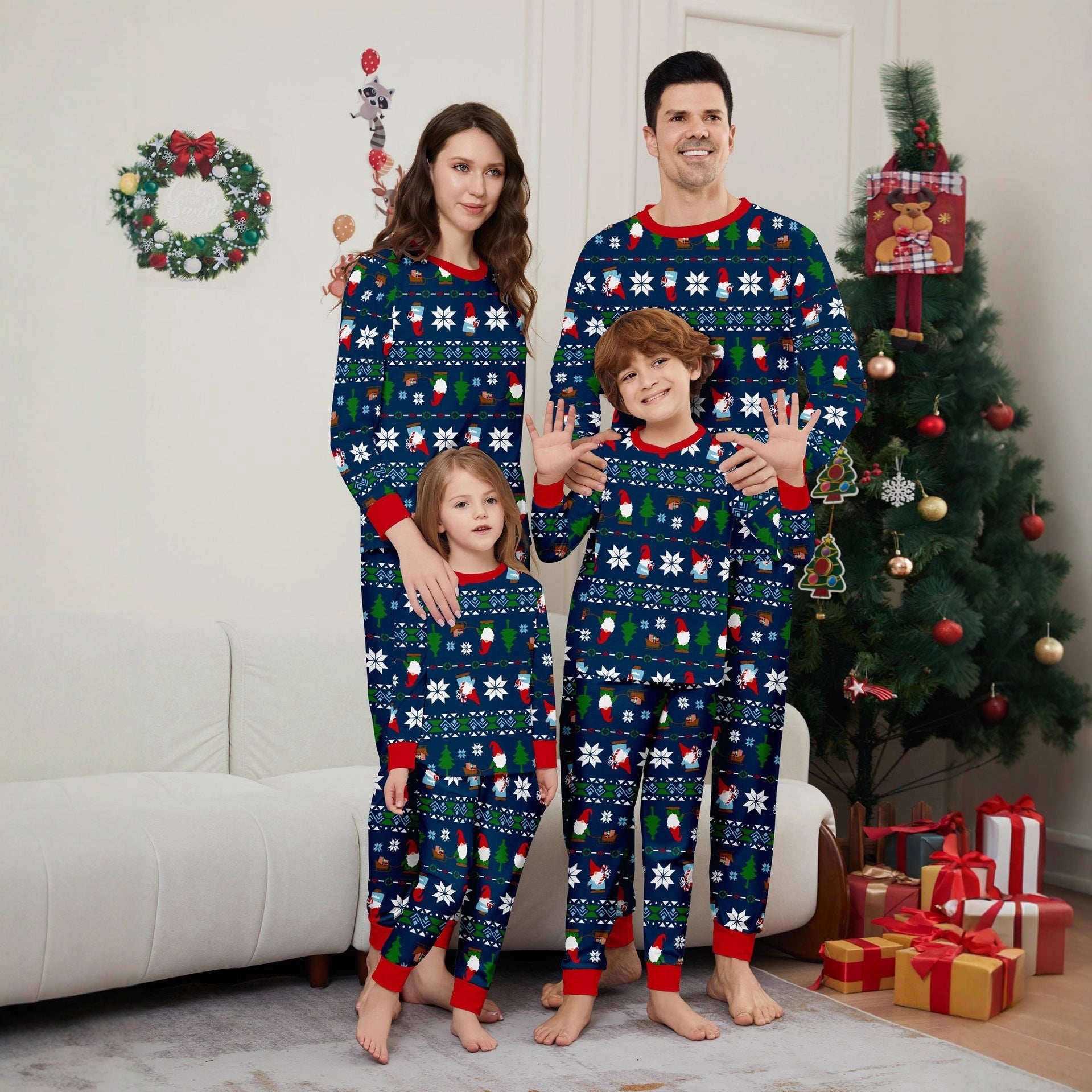 Family Christmas Pajamas Santa Claus in Blue Pajamas with Floral Print