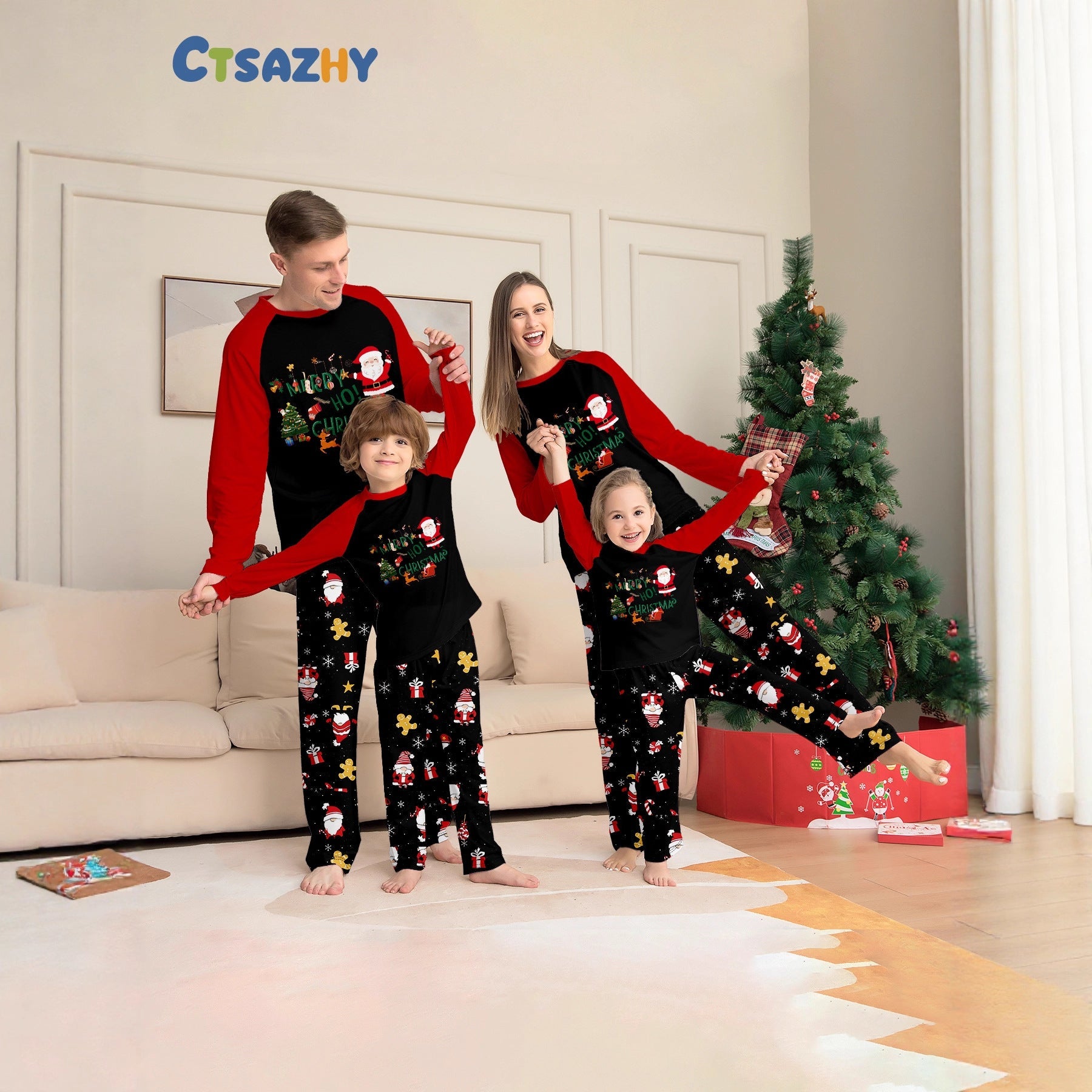 Merry Ho Christmas Santa Claus Print Black Family Holiday Pajamas