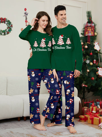 Green Christmas Tree and Snowman Print Family Holiday Pajamas