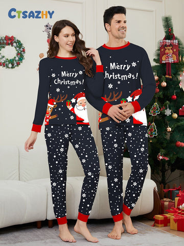 Santa Claus and Reindeer Floral Print Loungewear Family Holiday Pajamas