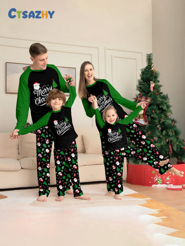 Family Christmas Pajamas Christmas Tree Santa Letter Print Green Set