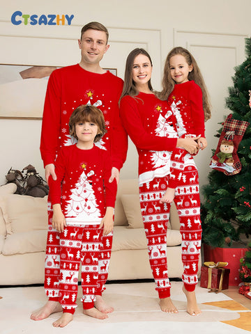 White Christmas Tree and Deer Print Family Christmas Pajamas