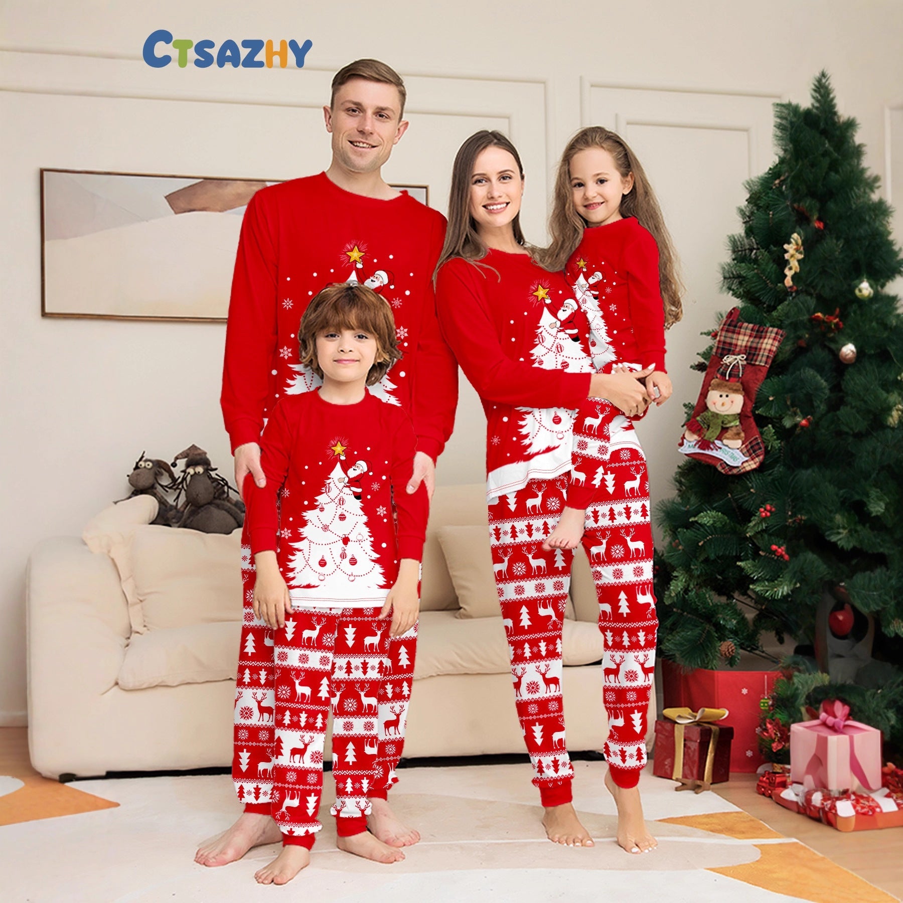 White Christmas Tree and Deer Print Family Christmas Pajamas