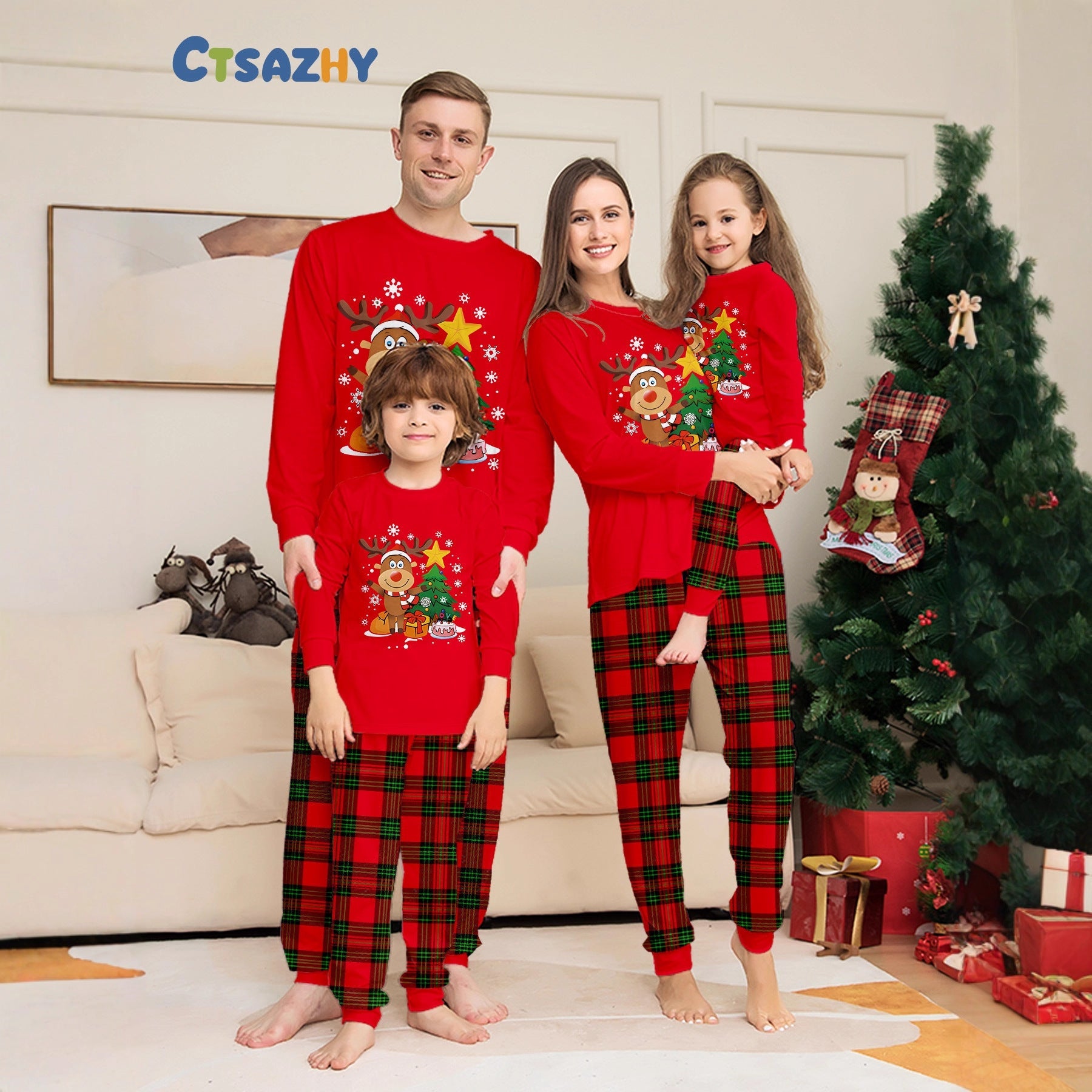 Family Christmas Pajamas Fawn Christmas Tree Red Pajama Set