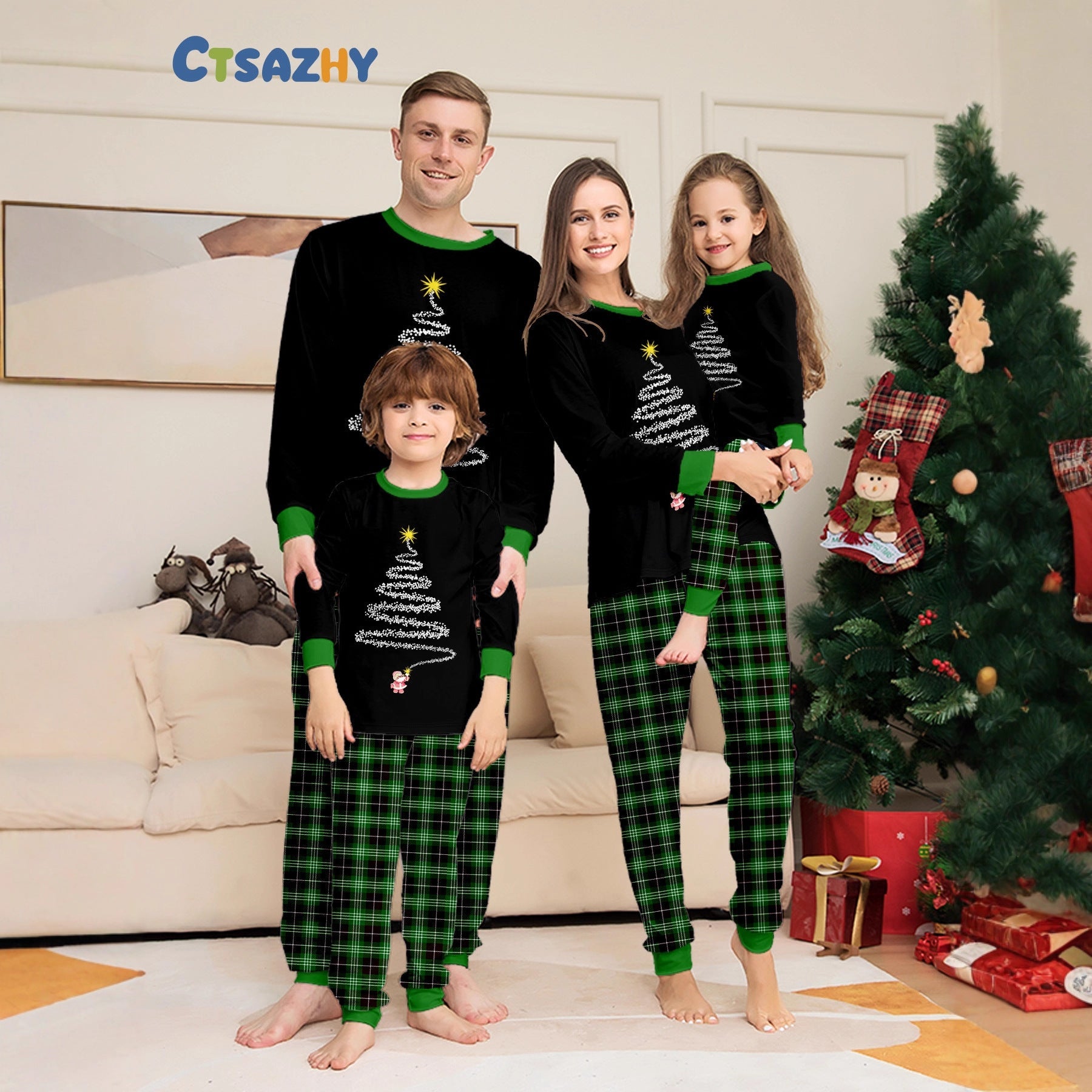 Family Christmas Pajamas Firework Green Plaid Black Loungewear