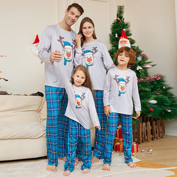 Family Matching Christmas Pajamas with Cartoon Deer Head Plaid Set