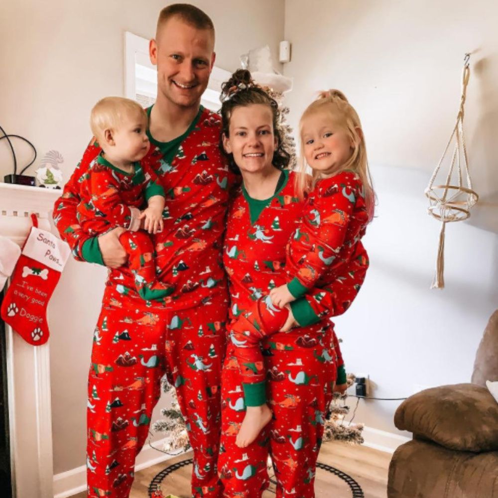 Family Matching Pattern Print Top & Plaid Pants Pajamas Sets