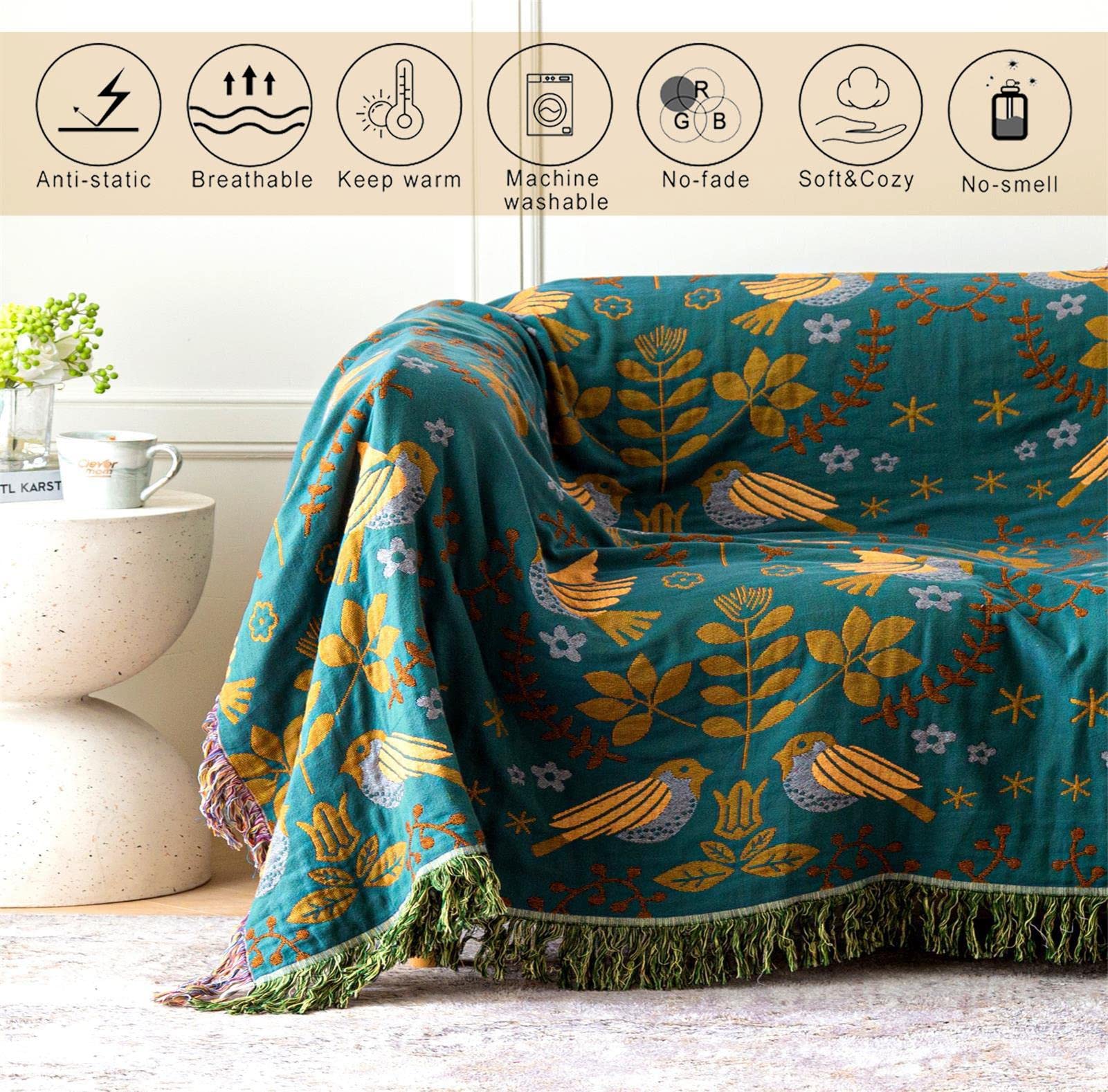 Double-Sided Boho Sofa Cover Throw Blanket Cuddly Blanket with Fringes ...