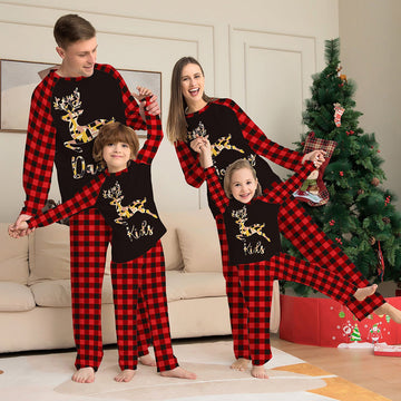 Christmas Gold Reindeer Print Red Plaid Family Matching Pajamas Sets