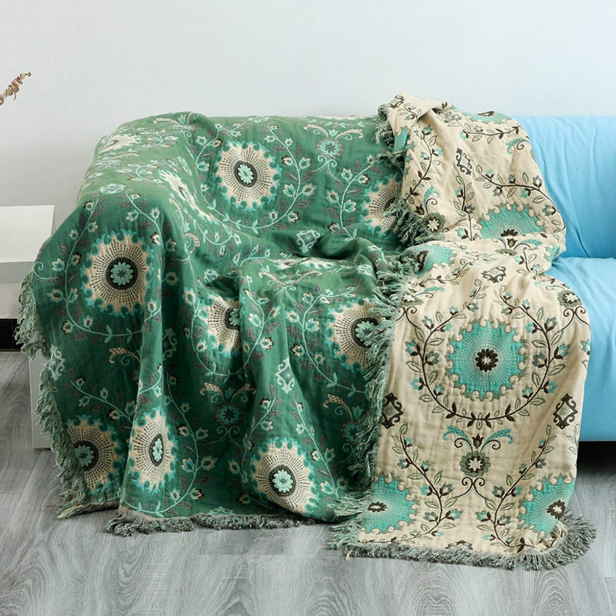 DoubleSided Boho Sofa Cover Throw Blanket Cuddly Blanket with Fringes