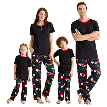 Family Matching Short Sleeve Black Tee & Print Pants Pajama Set